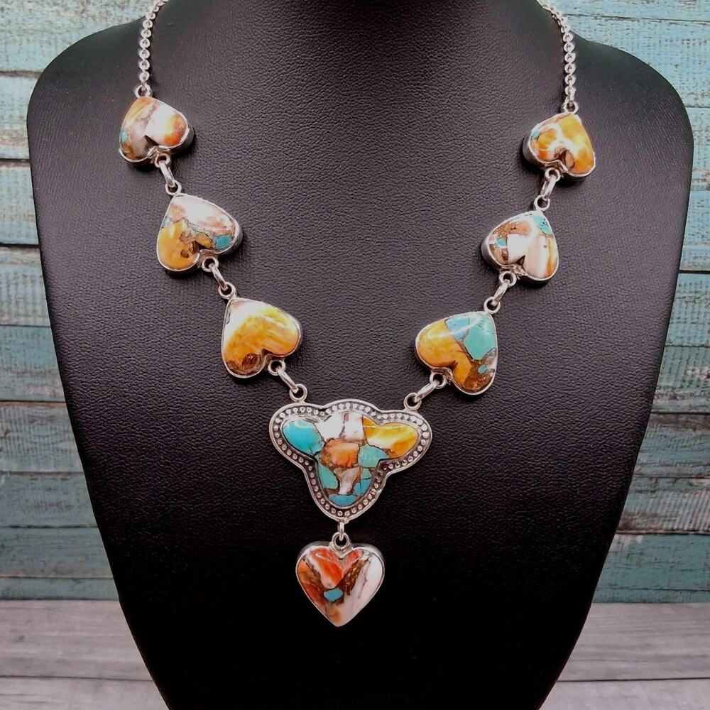 Southwestern Spiny Oyster Turquoise Necklace 19in Y Drop Design Sterling Silver